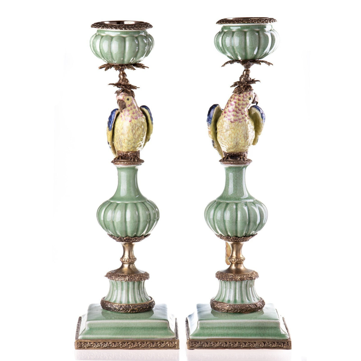 Kerzenhalter-Set Papageien aus Porzellan & Bronze – 2-teilig, 58 cm