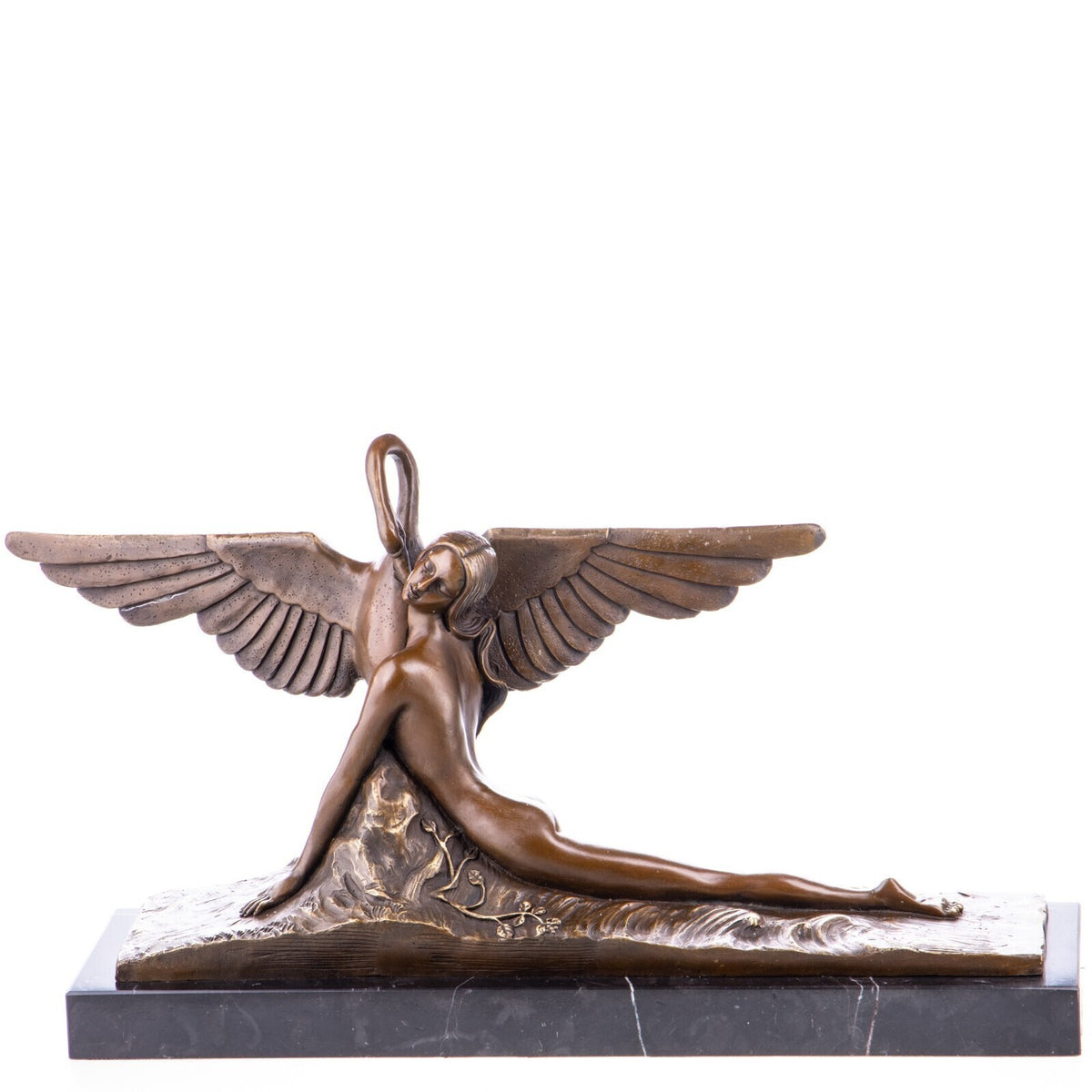 Bronze Skulptur Leda und der Schwan, signierte Mythologie Figur auf Marmorsockel