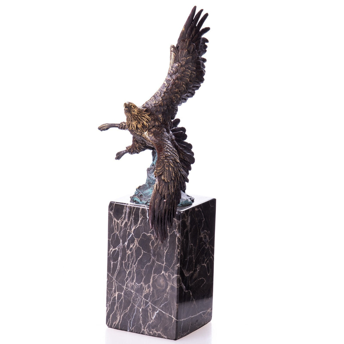 Bronze Skulptur Adler mit offenen Flügeln auf Marmorsockel – signierte Tierfigur