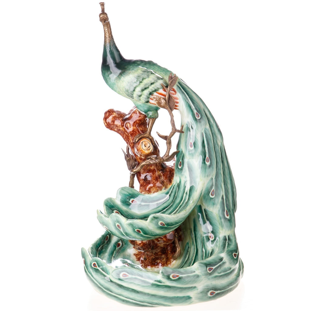Pfauenschale aus Porzellan & Bronze – grüne Prunkschale mit Pfauenfigur, 45 cm