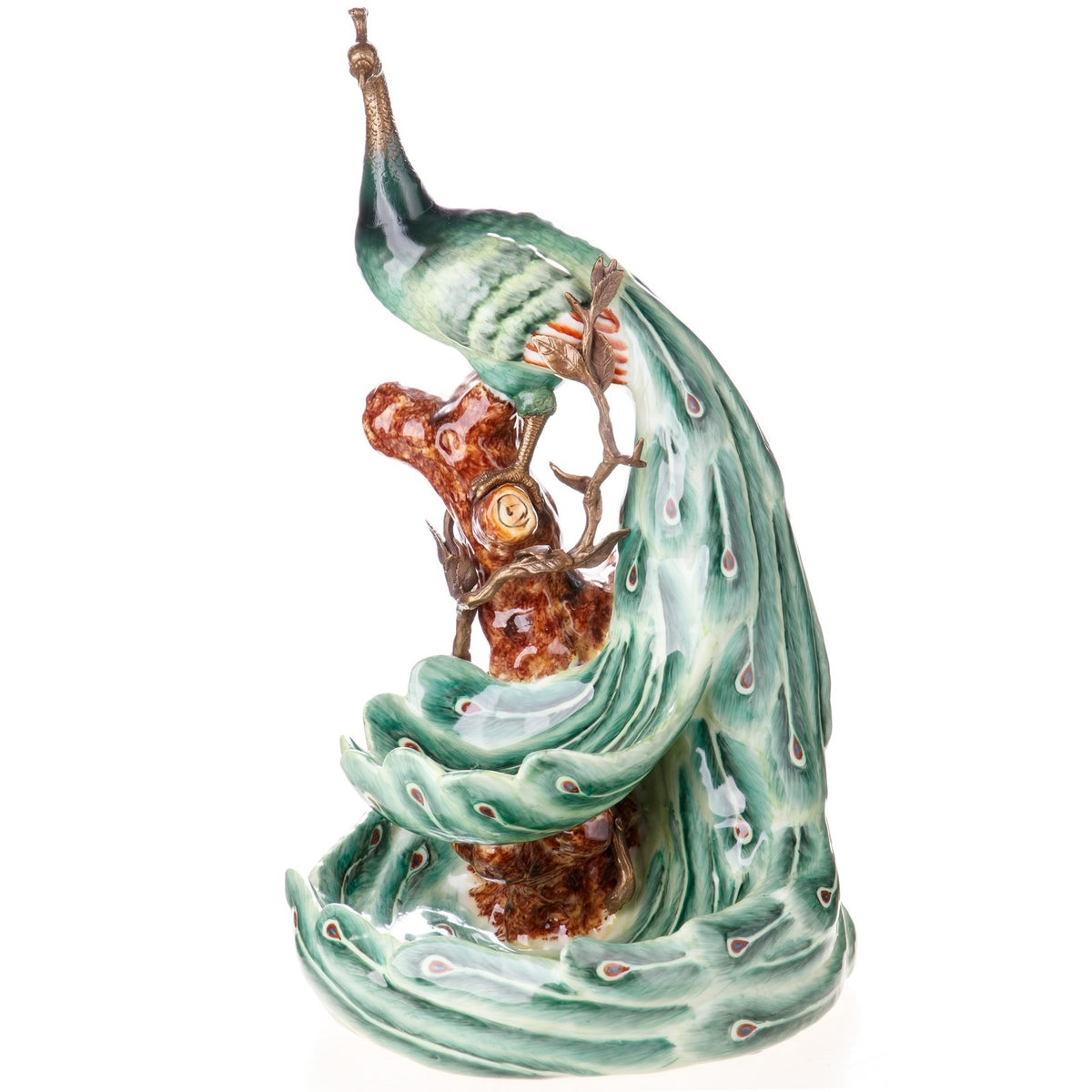 Pfauenschale aus Porzellan & Bronze – grüne Prunkschale mit Pfauenfigur, 45 cm