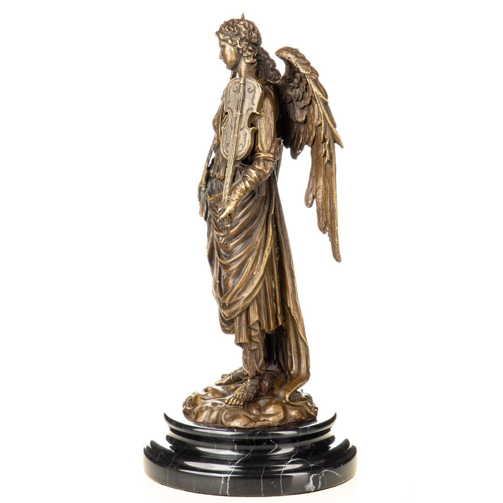 Engel mit Violine & Feder Bronze Skulptur auf Marmor – signierte Bronzefigur