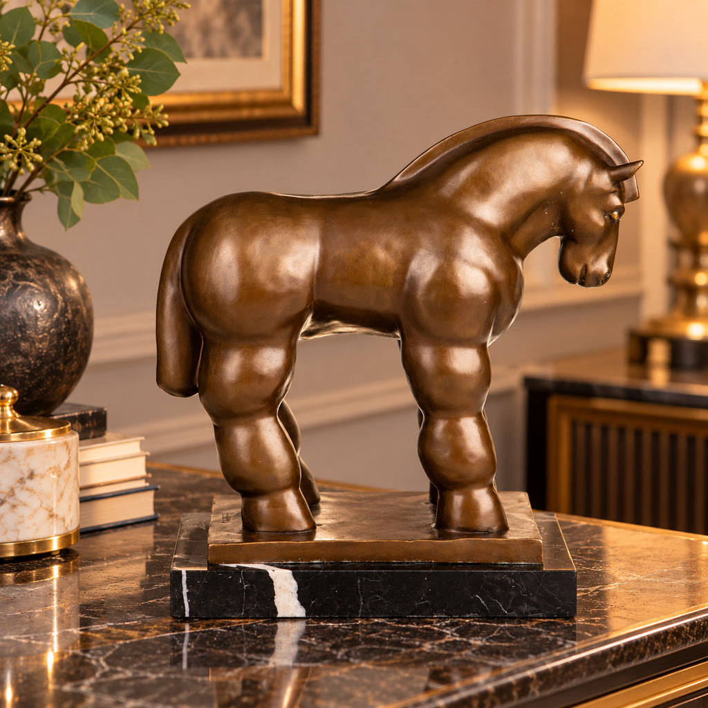 Bronze Skulptur Trojanisches Pferd – signierte Tierfigur auf Marmorsockel
