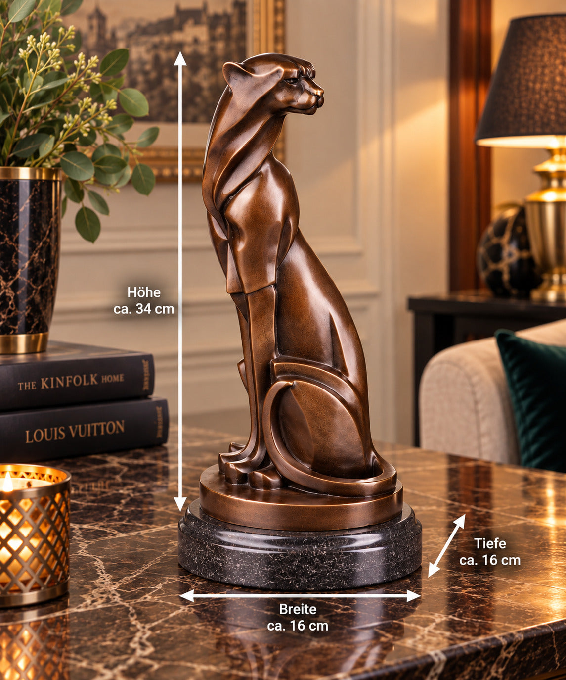 Bronze Skulptur Panther im Art déco Stil – signiert Tierfigur auf Marmorsockel