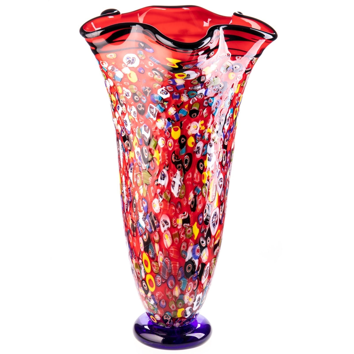Exklusive Murano Glas Vase – Rote Millefiori Vase mit Mosaik Muster