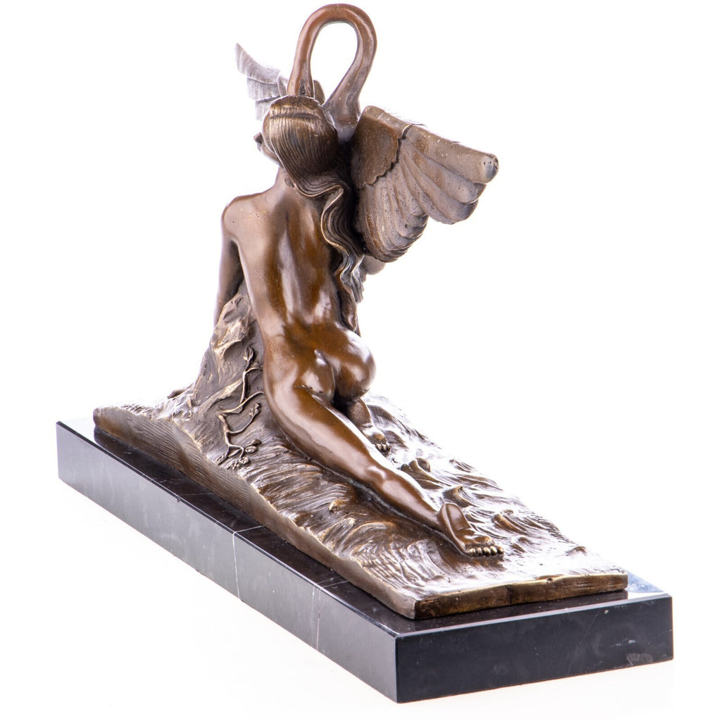 Bronze Skulptur Leda und der Schwan, signierte Mythologie Figur auf Marmorsockel