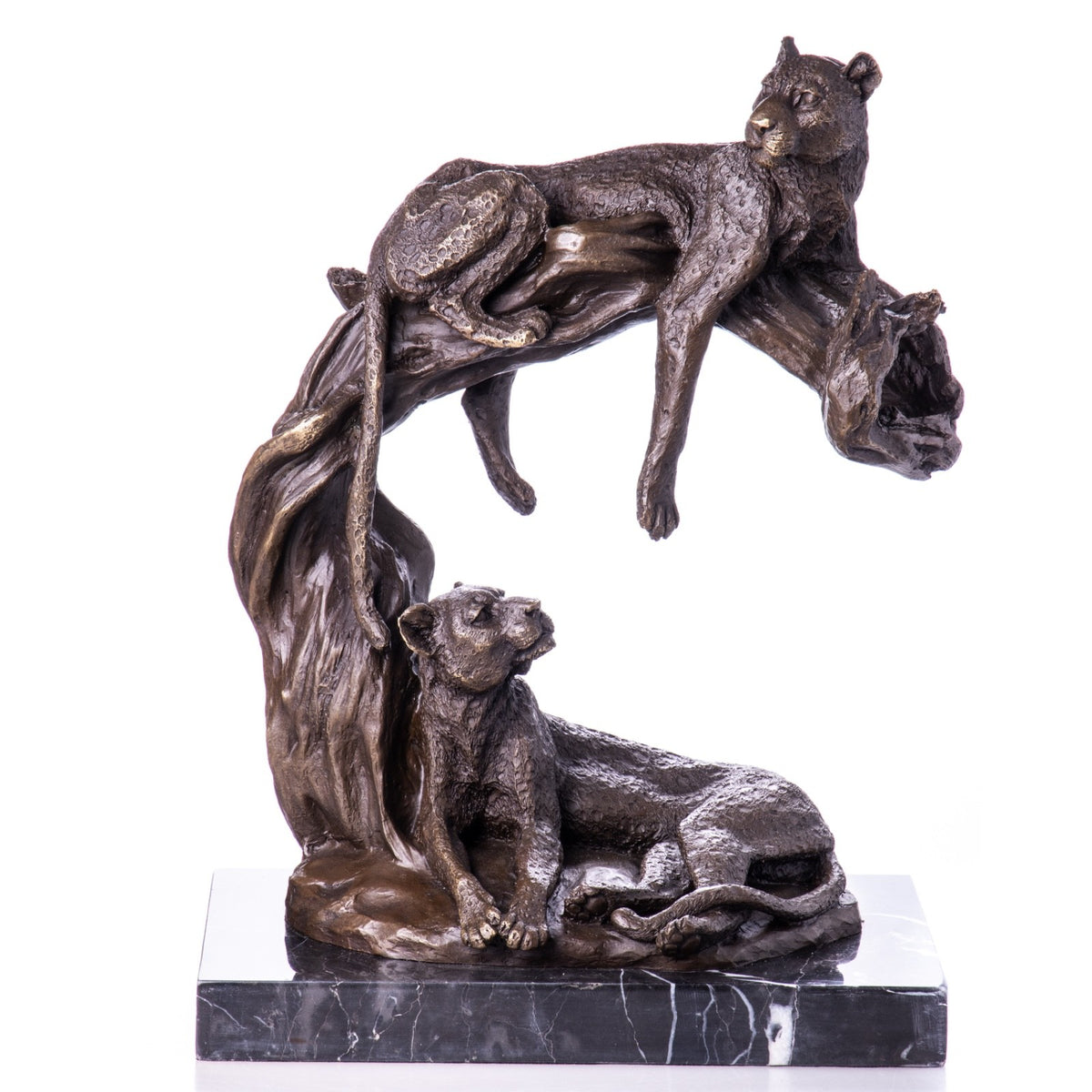 Bronze Skulptur Leoparden auf Baumstamm - signierte Tierfigur auf Marmorsockel