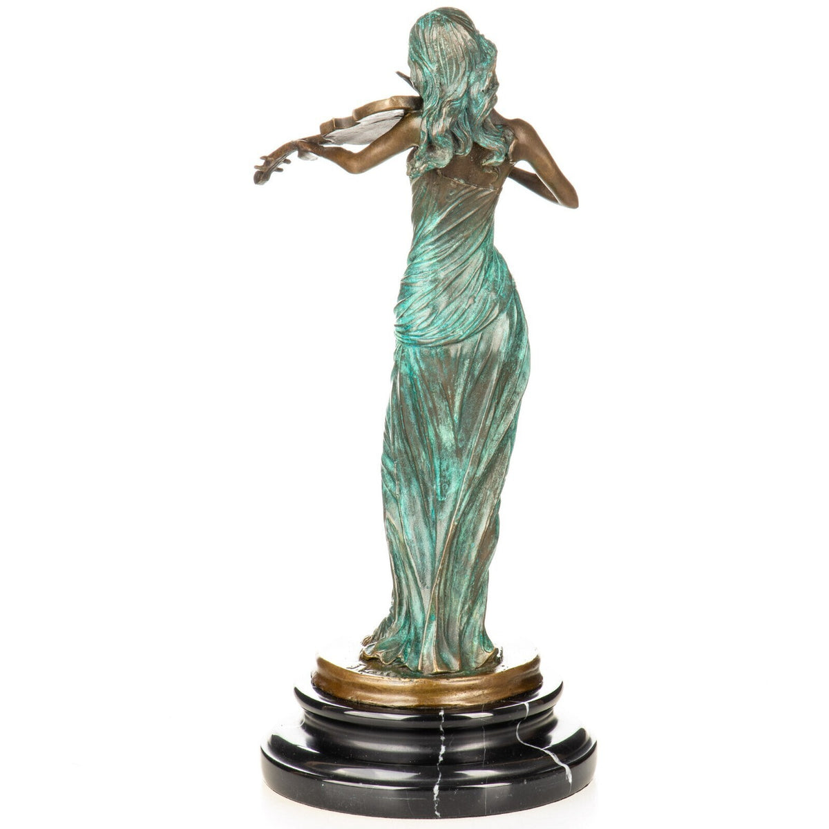 Bronze Skulptur Geigerin mit grüner Patina - signierte Figur auf Marmorsockel