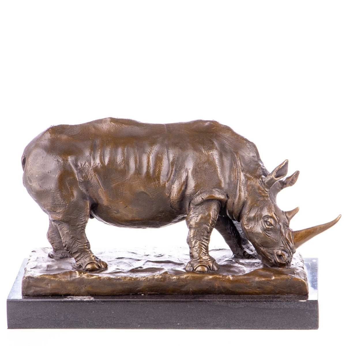 Bronze Skulptur Nashorn in der Natur - signierte Tierfigur auf Marmorsockel