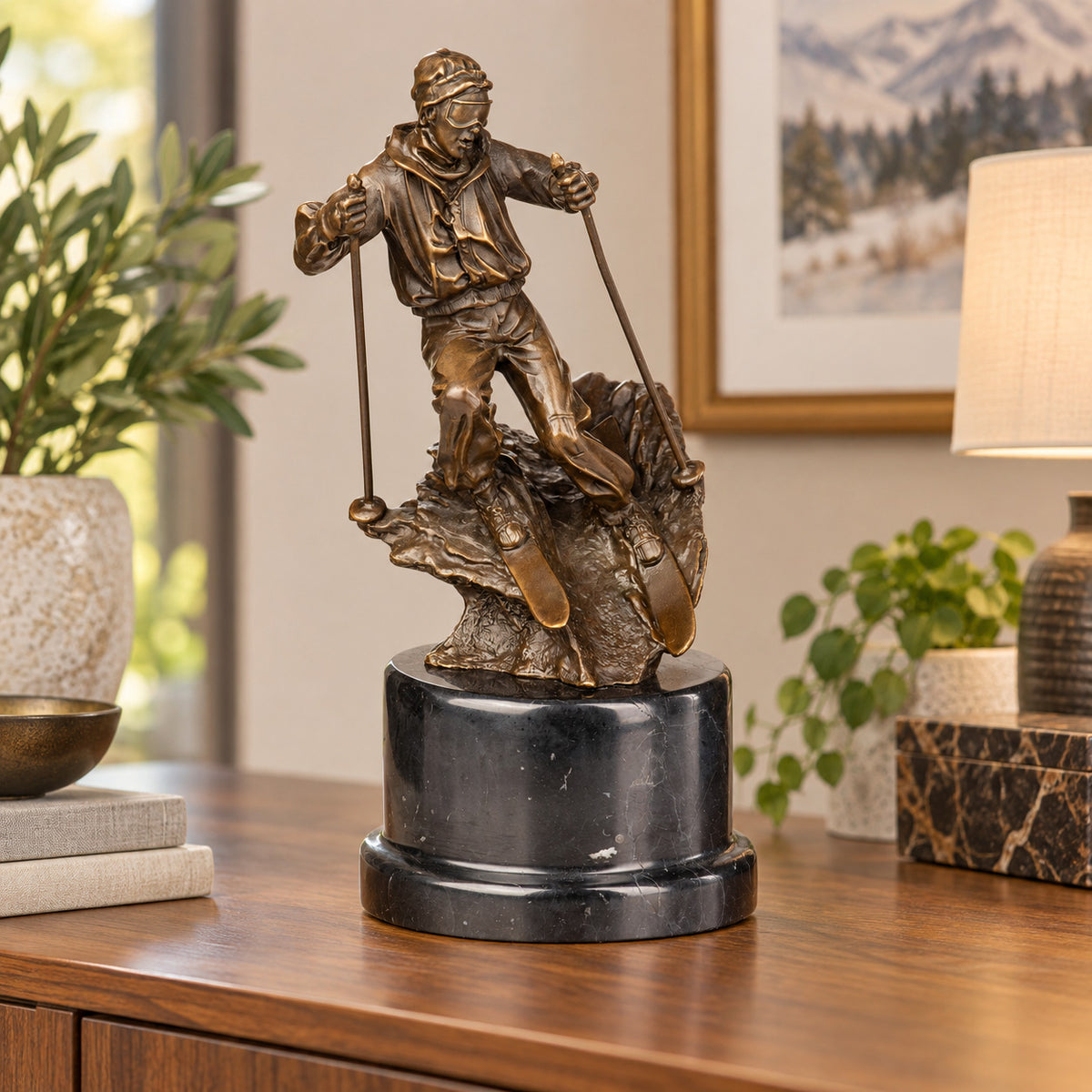 Bronze Skulptur Skifahrer - signierte Sportlerfigur Wintersport auf Marmorsockel