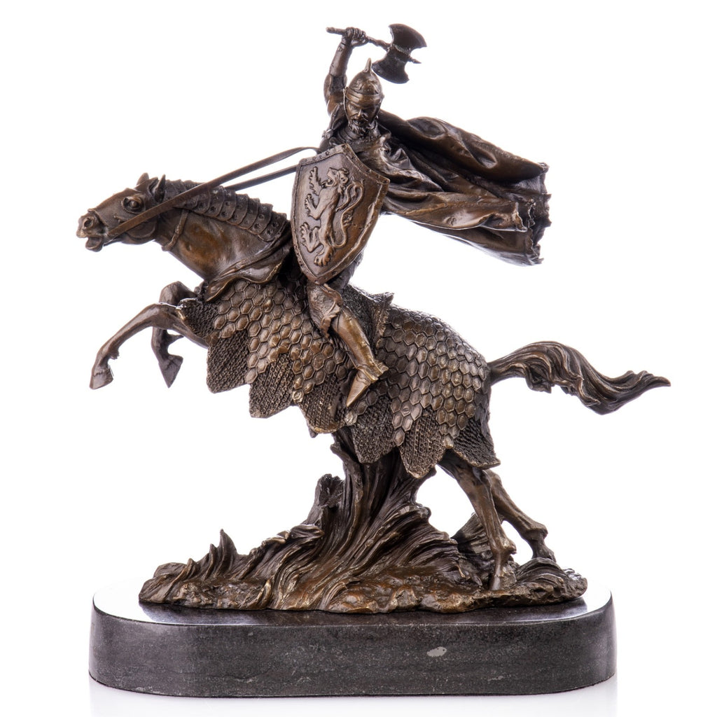 Bronze Skulptur Ritter zu Pferd – Schlachtmotiv Reiter Figur auf Marmorsockel