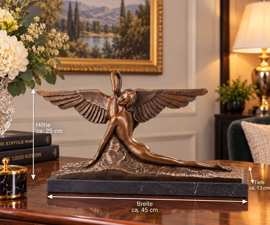 Bronze Skulptur Leda und der Schwan, signierte Mythologie Figur auf Marmorsockel
