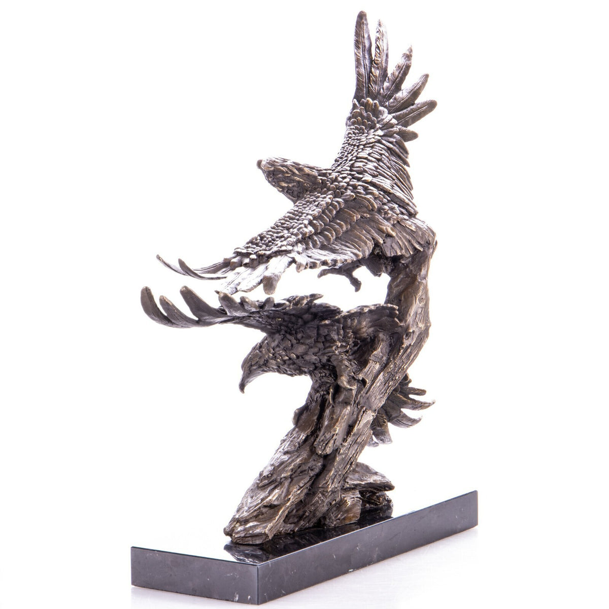 Bronze Skulptur zwei Adler im Flug – signierte Tierfigur auf Marmorsockel