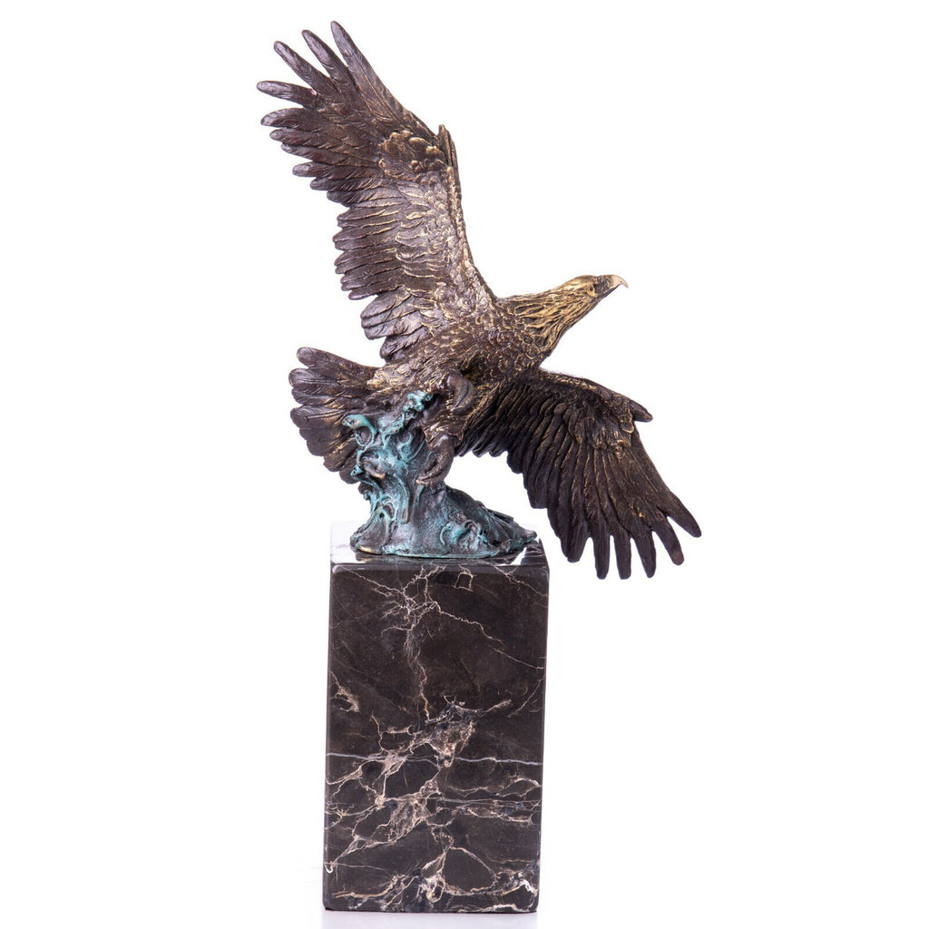 Bronze Skulptur Adler mit offenen Flügeln auf Marmorsockel – signierte Tierfigur