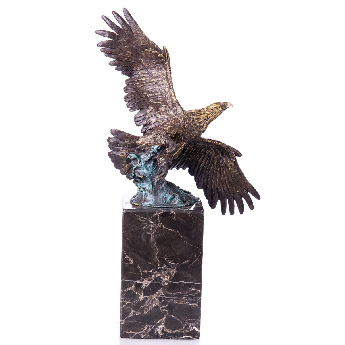 Bronze Skulptur Adler mit offenen Flügeln auf Marmorsockel – signierte Tierfigur