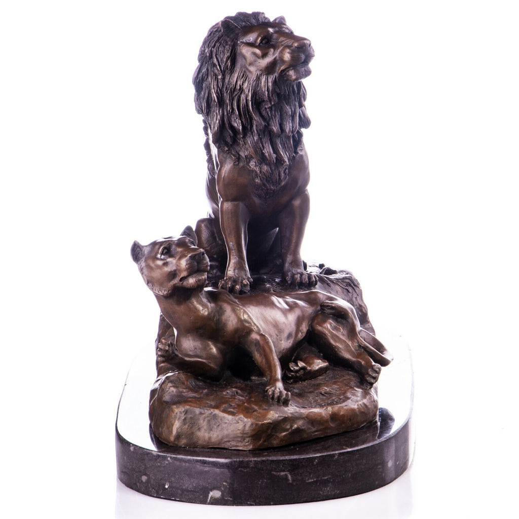 Bronze Skulptur Löwe & Löwin - signierte Tierfigur Raubkatze auf Marmorsockel