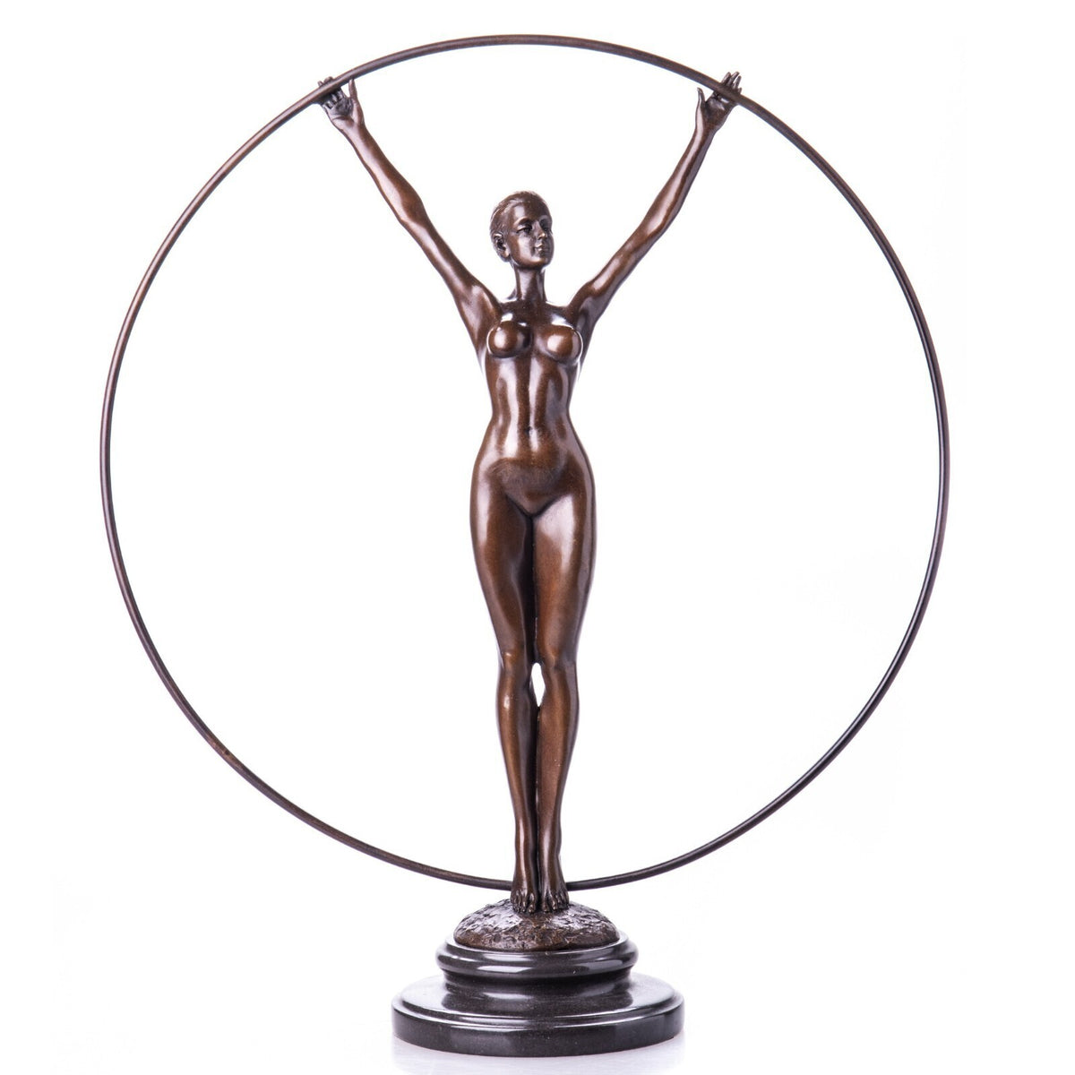Bronze Skulptur Aktfigur mit Ring – signierte Frauenfigur auf Marmorsockel, 44cm