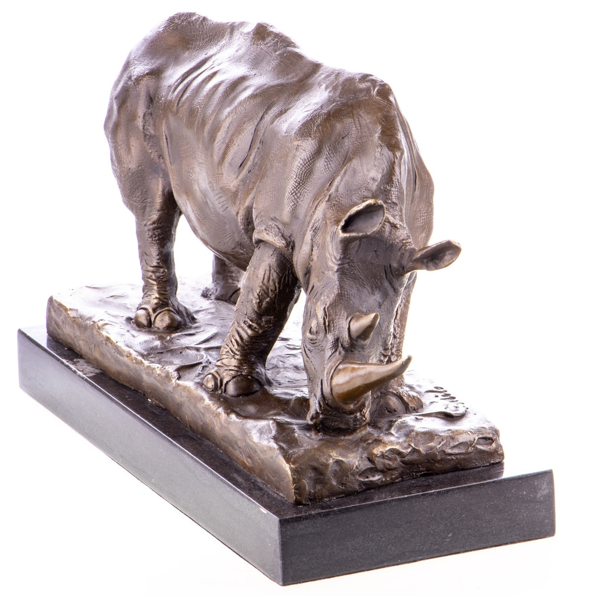 Bronze Skulptur Nashorn in der Natur - signierte Tierfigur auf Marmorsockel