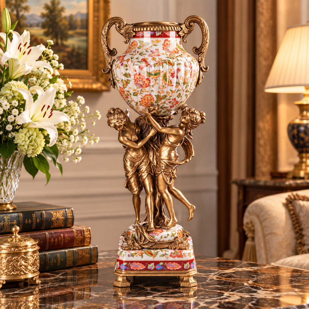 Prunkvase aus Porzellan & Bronze mit Blumen und Frauenfiguren – Vase 50 cm