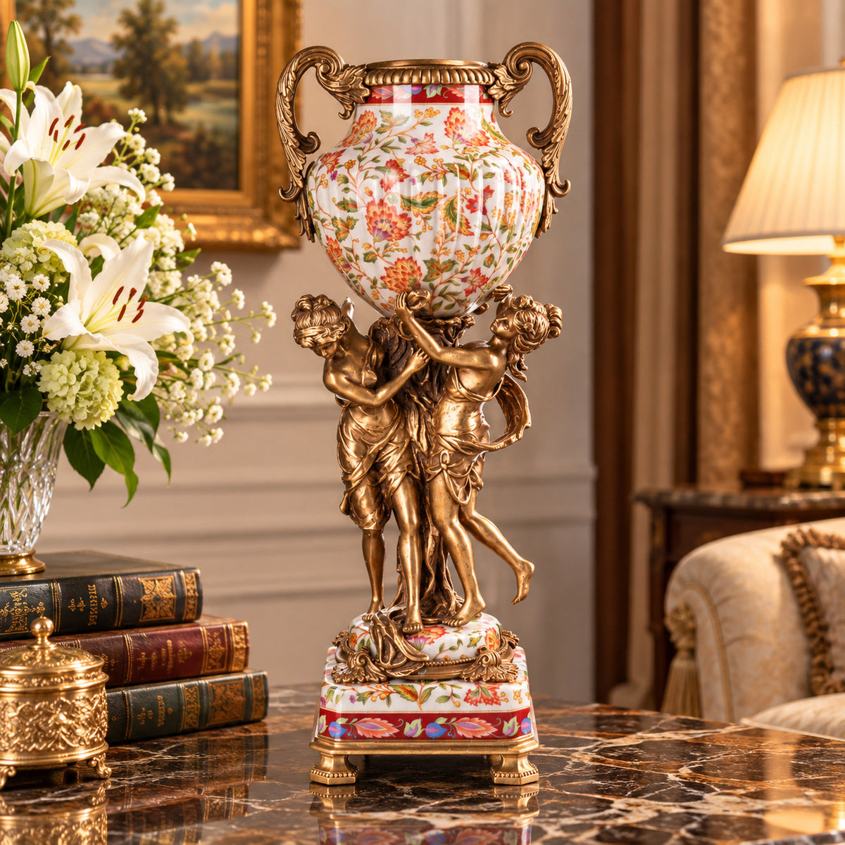 Prunkvase aus Porzellan & Bronze mit Blumen und Frauenfiguren – Vase 50 cm