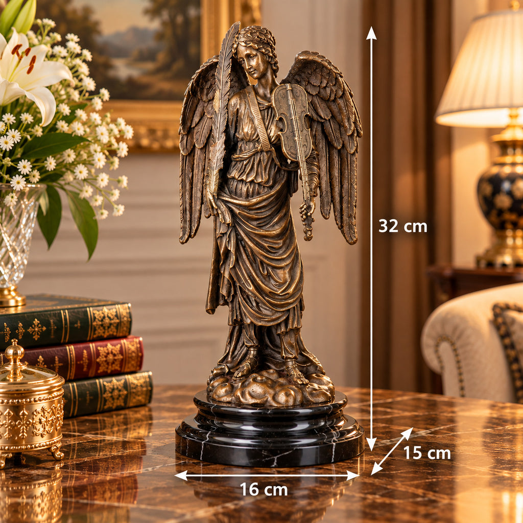 Engel mit Violine & Feder Bronze Skulptur auf Marmor – signierte Bronzefigur
