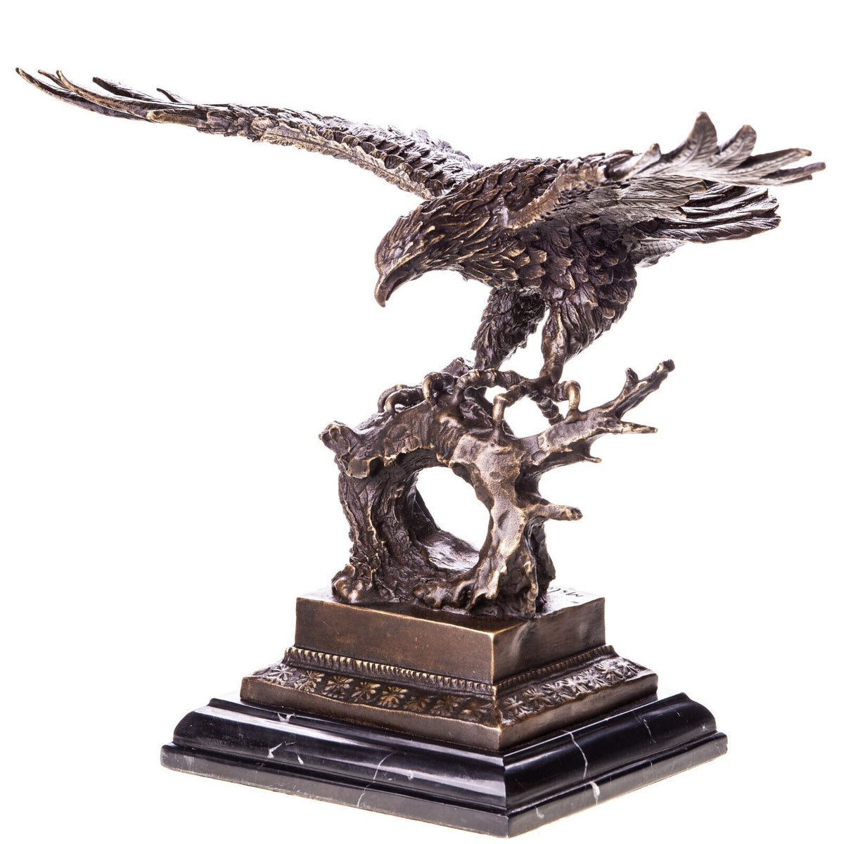 Bronze Skulptur Adler im Flug – signierte Tierfigur Vogel auf Marmorsockel
