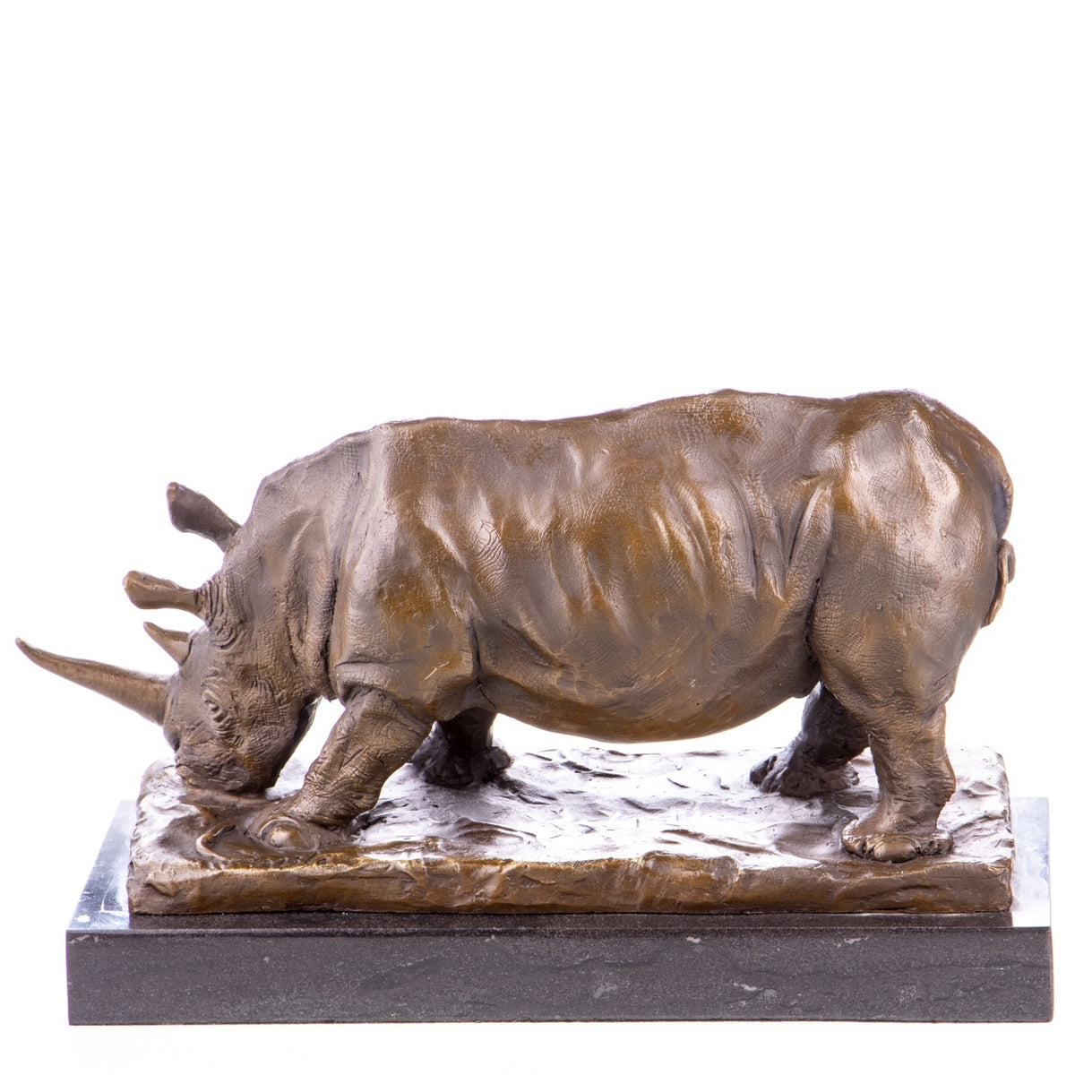 Bronze Skulptur Nashorn in der Natur - signierte Tierfigur auf Marmorsockel
