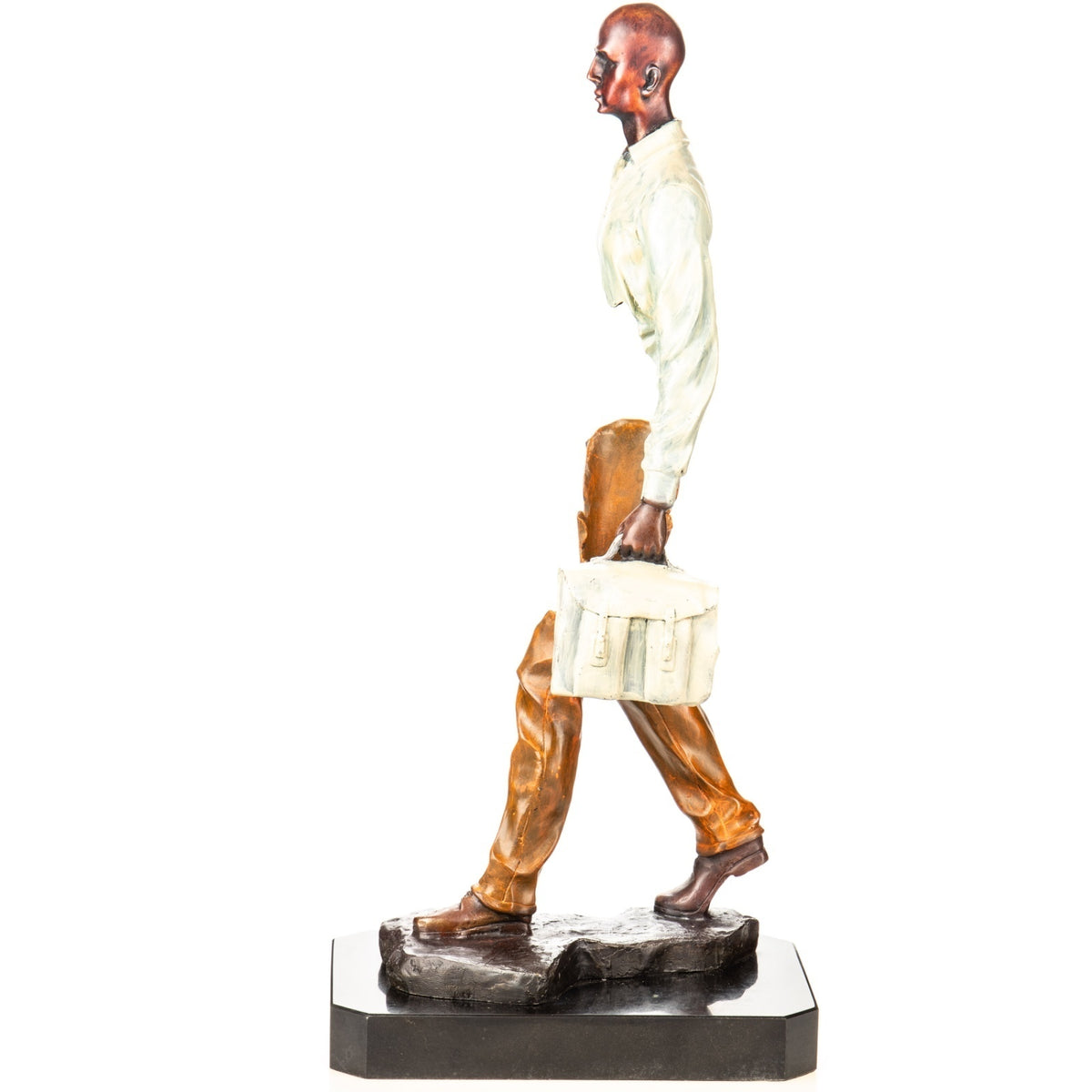Bronzeskulptur Reisender mit Koffer – Moderne Statue Kunst Figur auf Marmorsockel