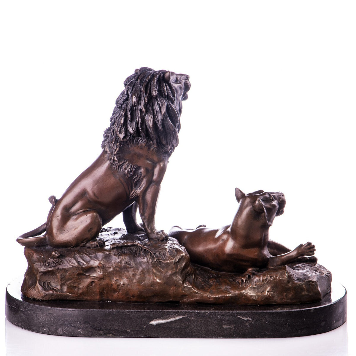 Bronze Skulptur Löwe & Löwin - signierte Tierfigur Raubkatze auf Marmorsockel