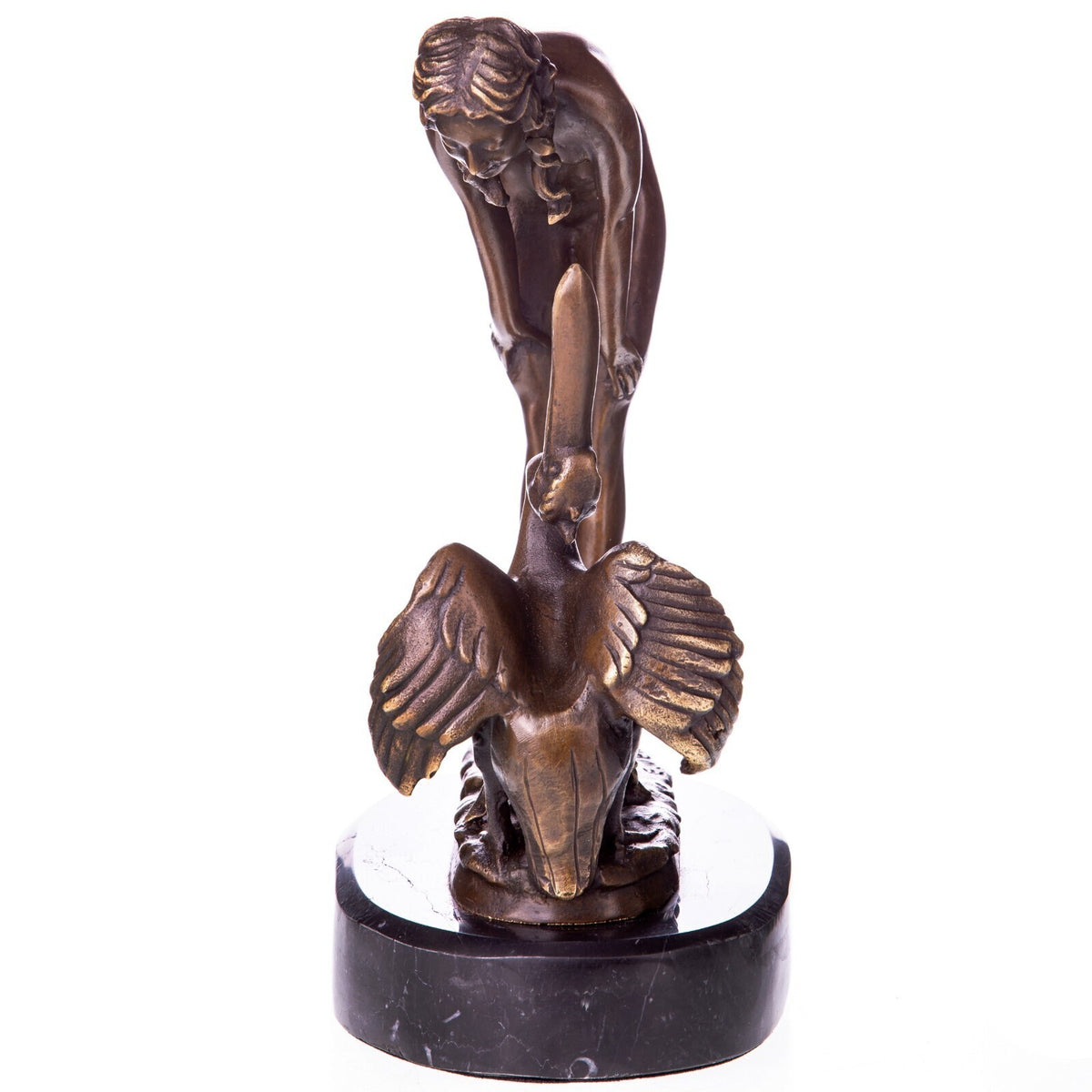 Bronze Skulptur Frau mit Pelikan – signierte Aktfigur Tierfigur auf Marmorsockel
