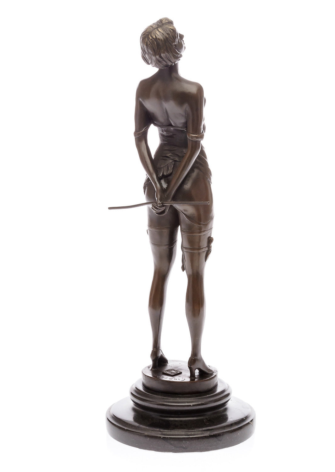 Bronze Skulptur freizügige Frau mit Rute – signierte Aktfigur auf Marmorsockel
