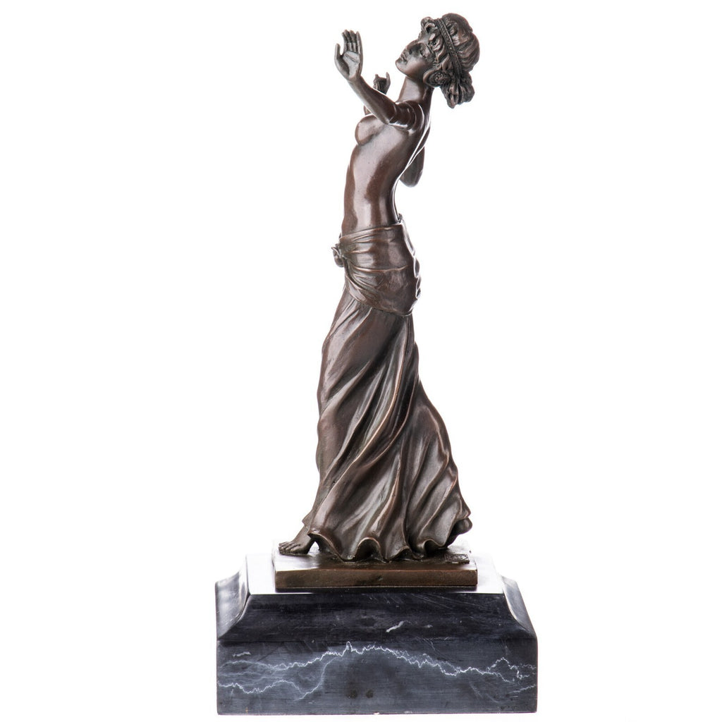 Bronze Skulptur Tänzerin mit Kleid - signierte Aktfigur auf Marmorsockel
