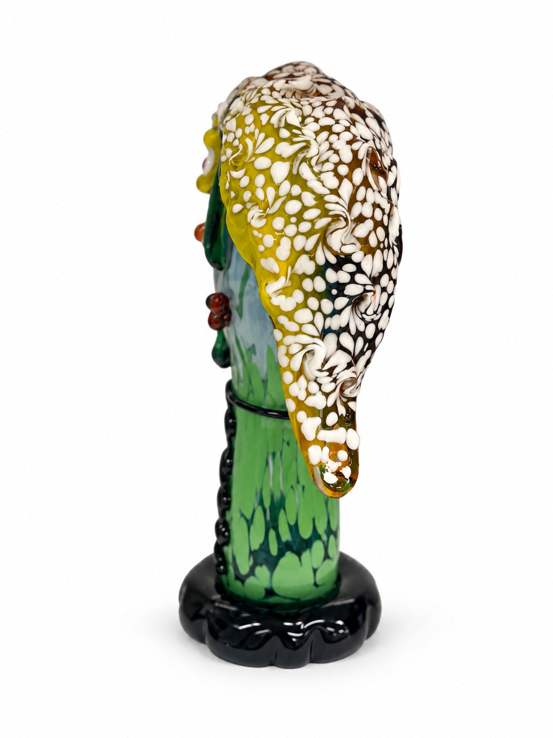 Murano Glasbüste Gesicht Grün-Gelb – Mundgeblasene Glas Skulptur mit Blume