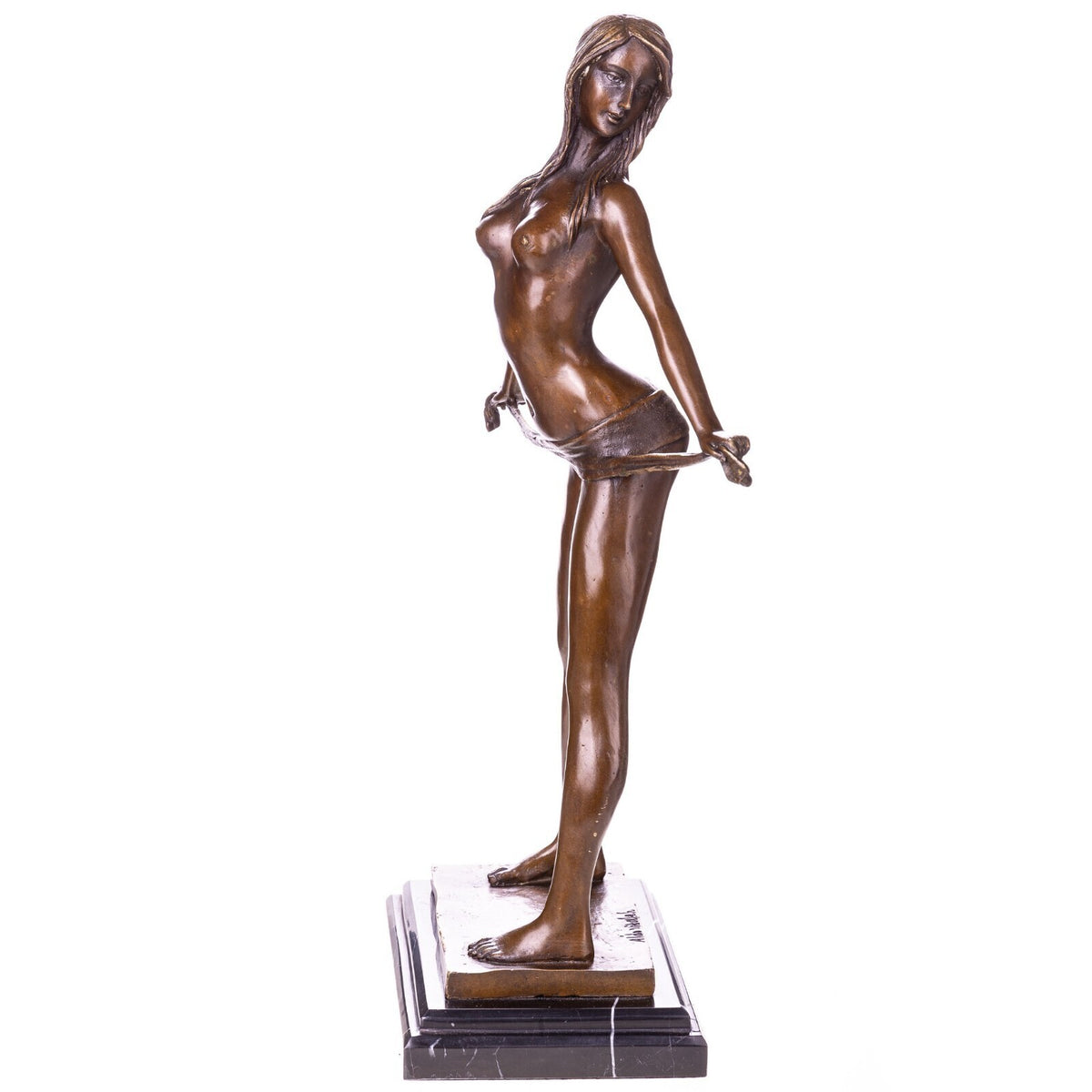 Bronze Skulptur erotischer Frauenakt – signierte Aktfigur auf Marmorsockel