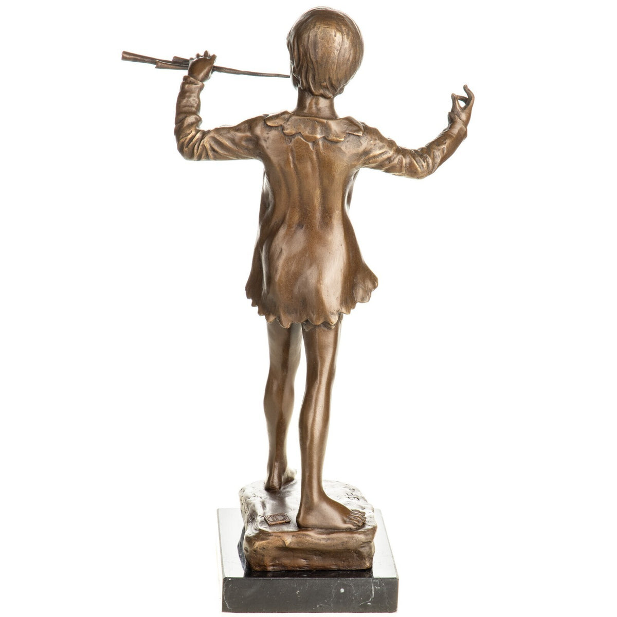 Bronze Skulptur Junge mit Flöte – signierte Musikerfigur auf Marmorsockel