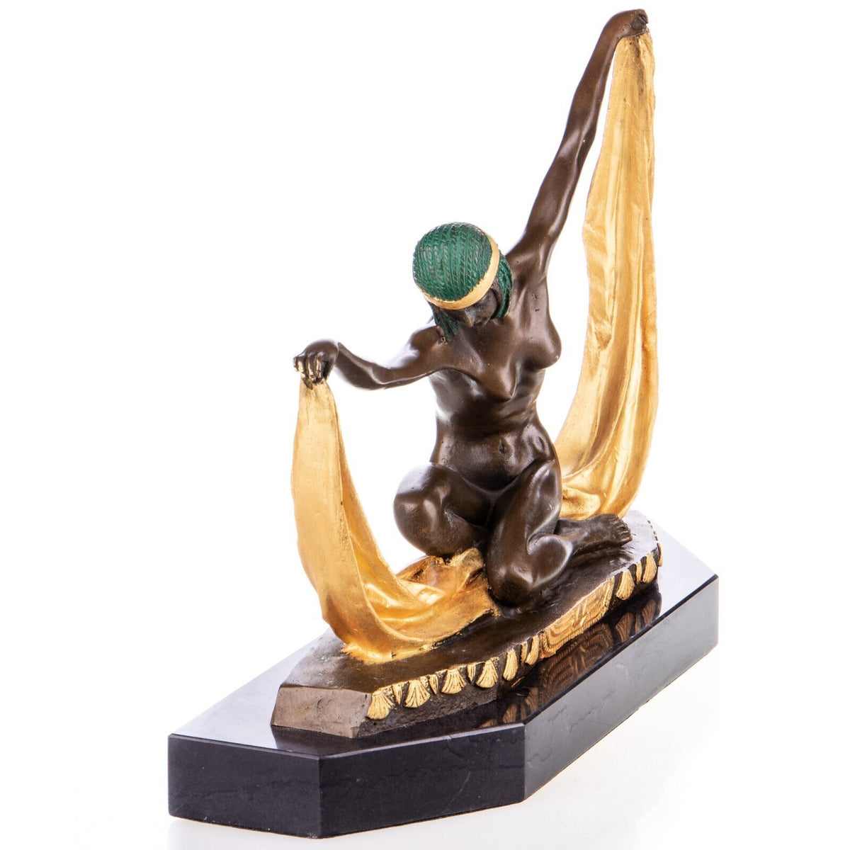 Art Déco Bronze Skulptur Tänzerin mit Tuch – signierte Frauenfigur Marmorsockel