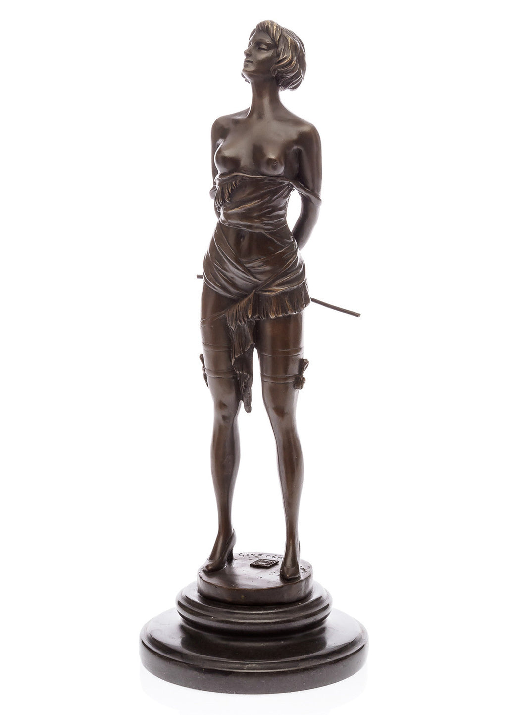 Bronze Skulptur freizügige Frau mit Rute – signierte Aktfigur auf Marmorsockel
