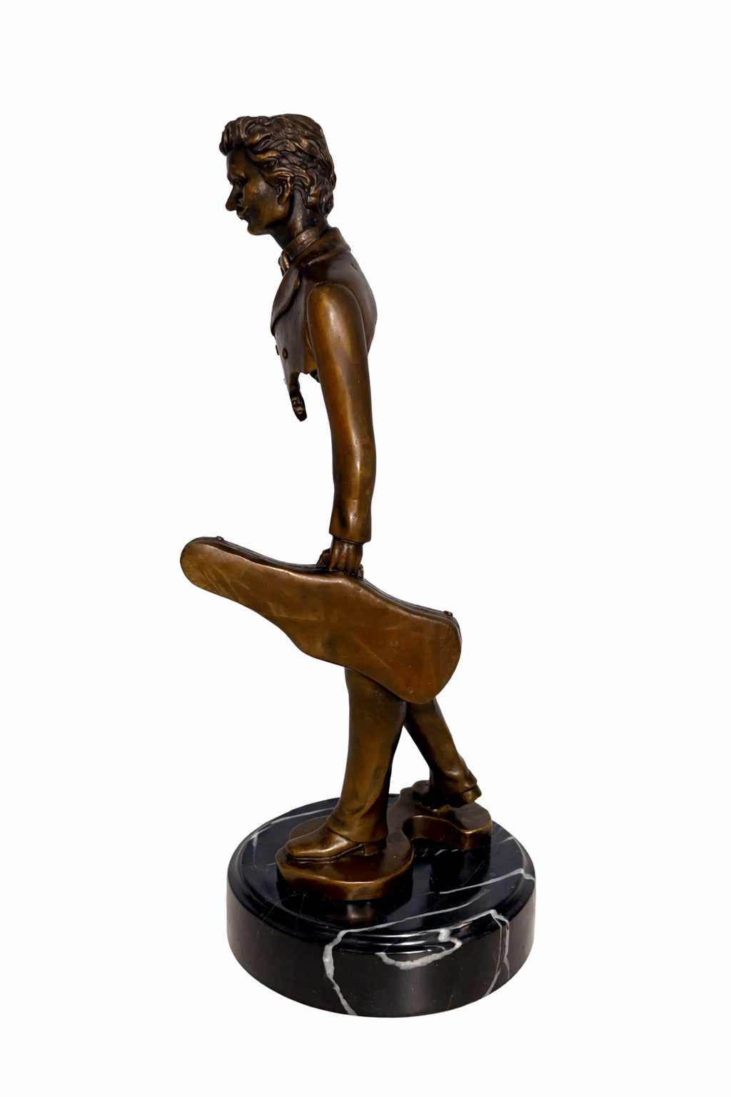 Bronze Skulptur Reisender mit Violine - signierte Musiker Figur auf Marmorsockel