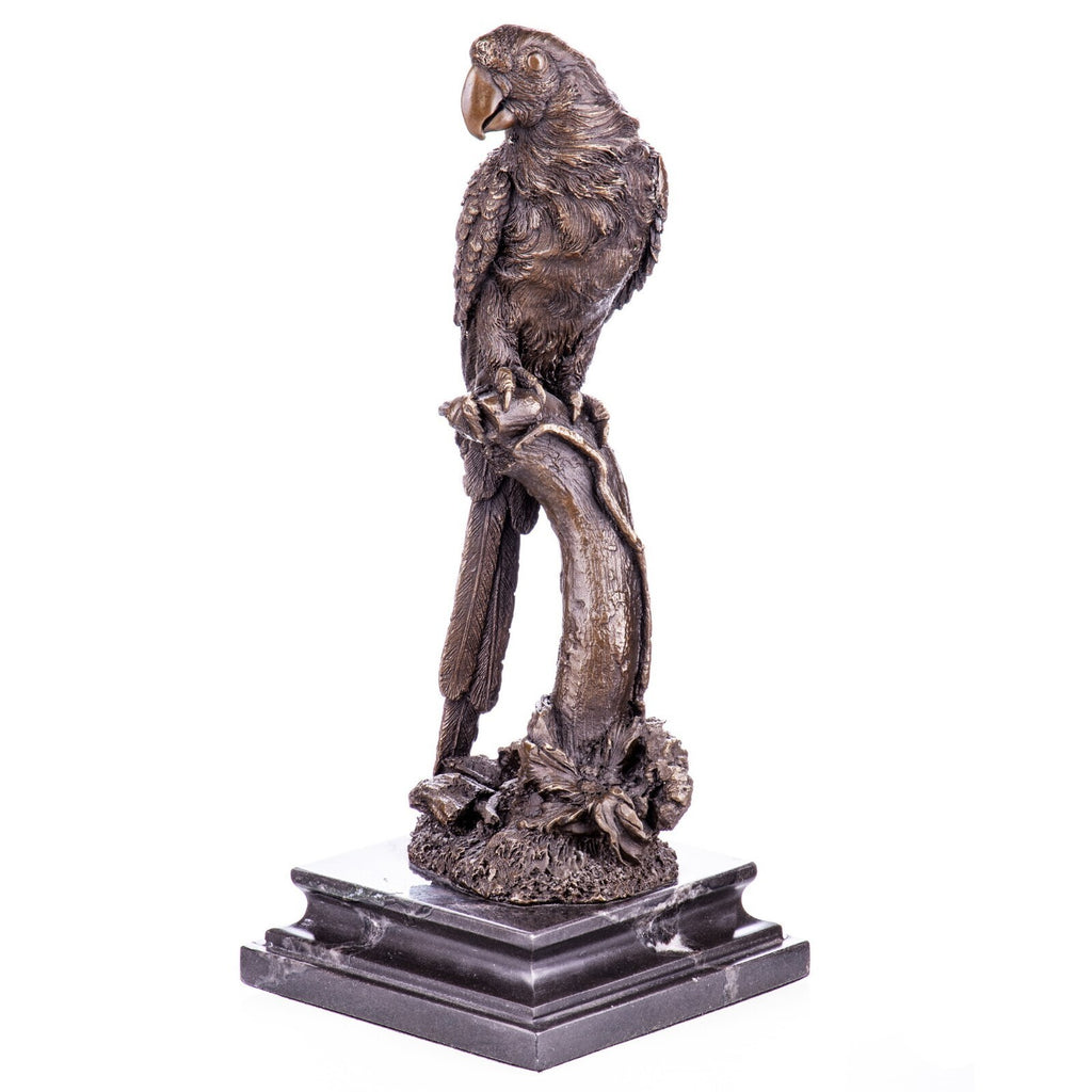 Bronze Skulptur Papagei auf Ast – signierte Tierfigur auf Marmorsockel, 33 cm