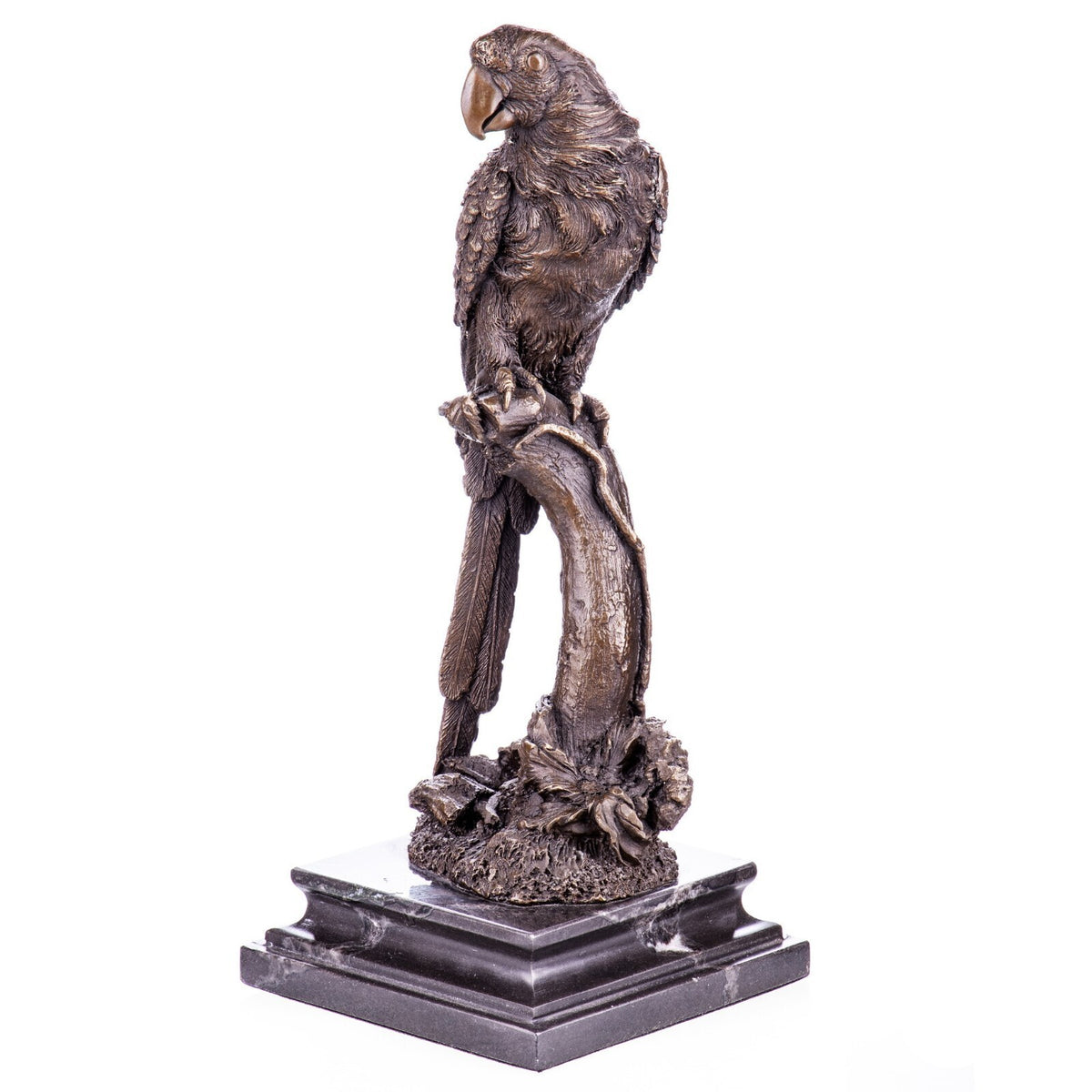 Bronze Skulptur Papagei auf Ast – signierte Tierfigur auf Marmorsockel, 33 cm
