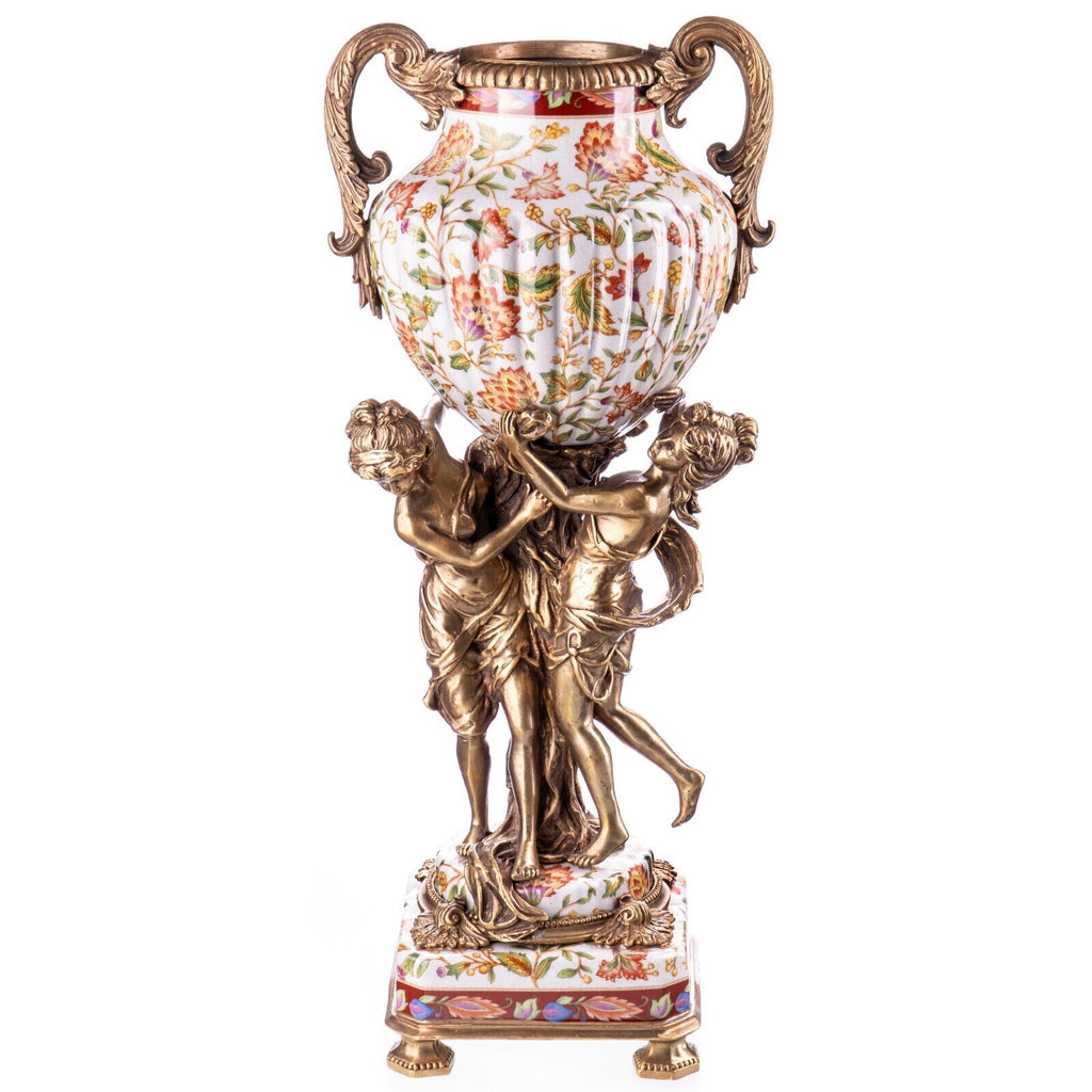 Prunkvase aus Porzellan & Bronze mit Blumen und Frauenfiguren – Vase 50 cm