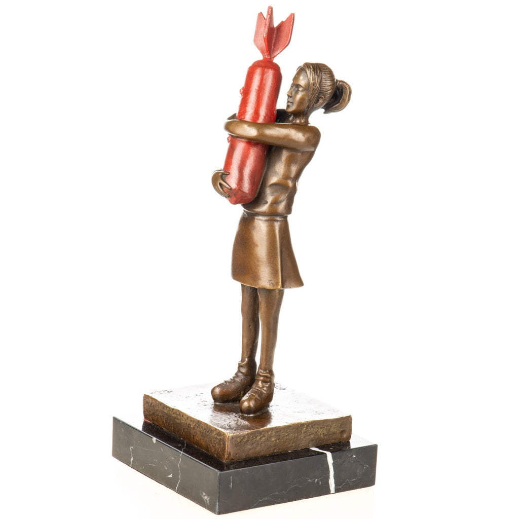 Bronze Skulptur Mädchen mit Rakete nach Banksy, signierte Figur auf Marmorsockel