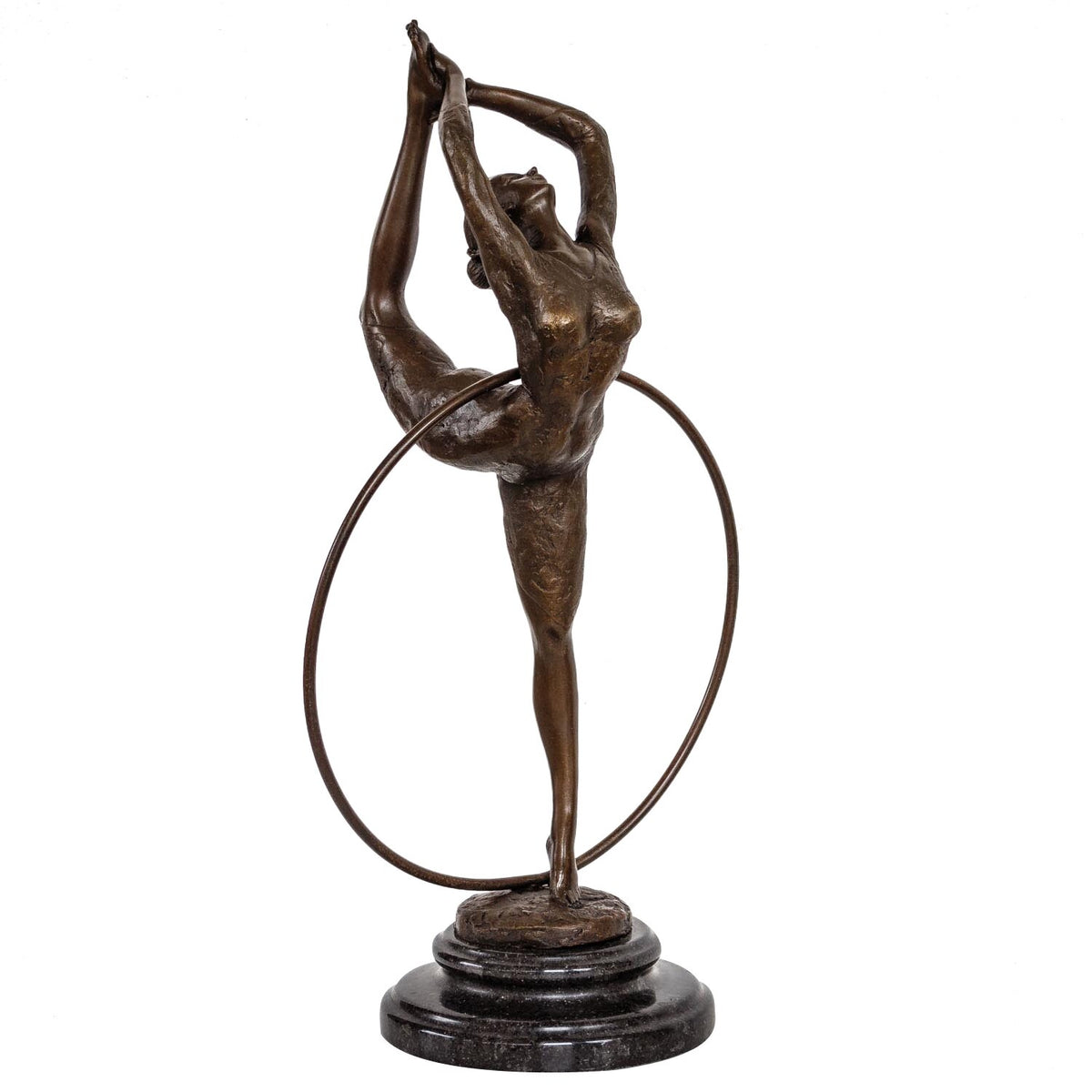 Bronze Skulptur Tänzerin mit Reifen - signierte Tanzfigur auf Marmorsockel