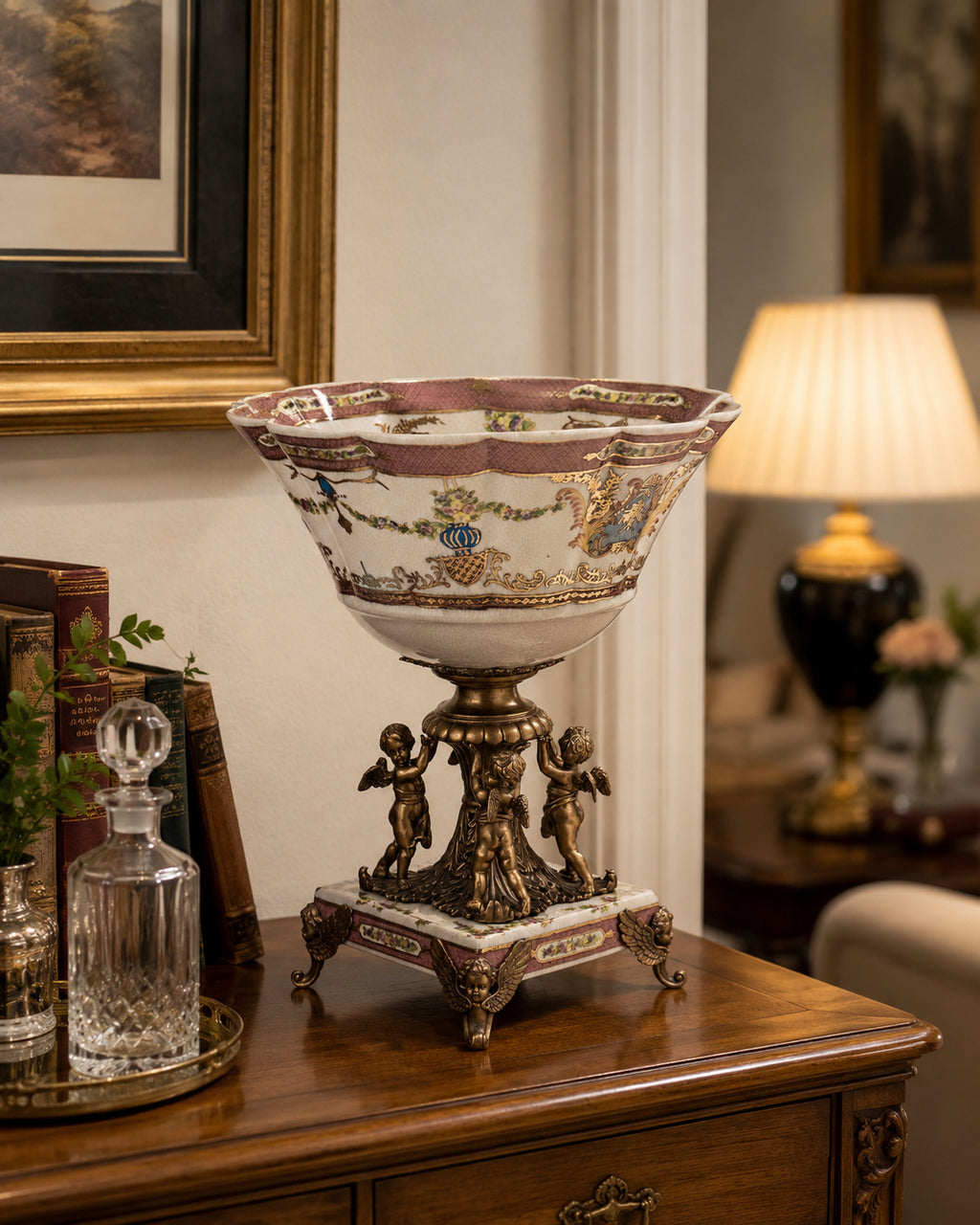 Schale aus Porzellan und Bronze – handbemalt im Antik Stil Louis XVI – Putten