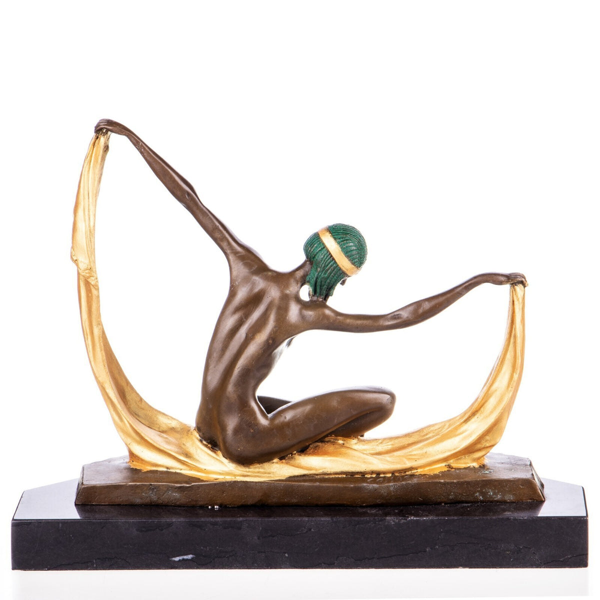 Art Déco Bronze Skulptur Tänzerin mit Tuch – signierte Frauenfigur Marmorsockel