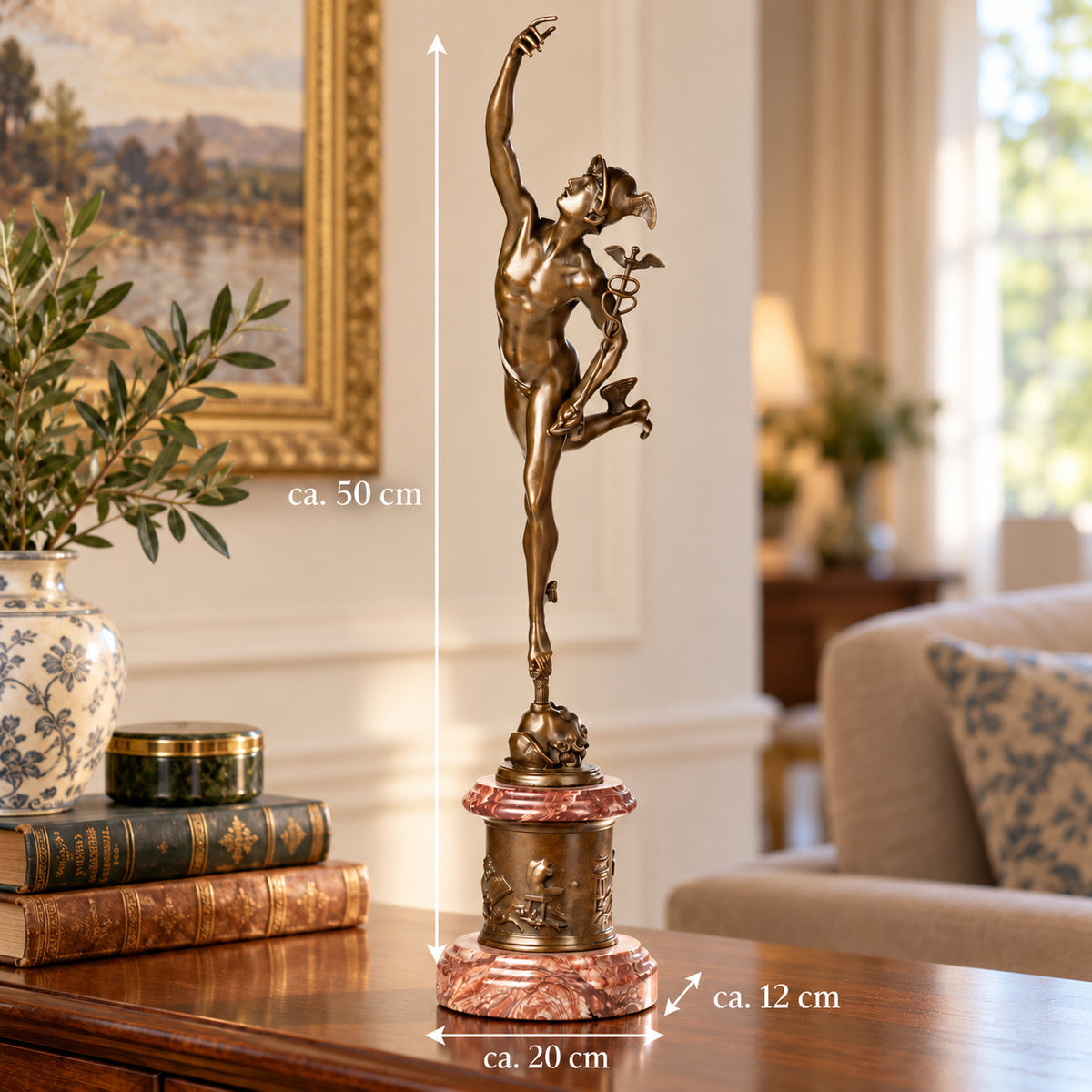 Bronze Skulptur Gott Hermes mit Hermesstab auf Marmorsockel – signiert, 50 cm