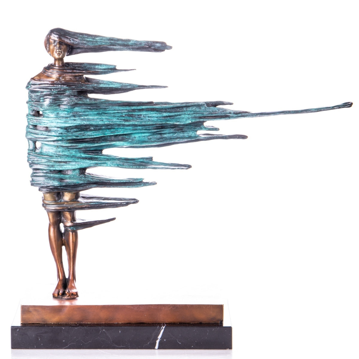 Moderne Bronze Skulptur Frau im Wind nach Dali – Kunstfigur auf Marmorsockel