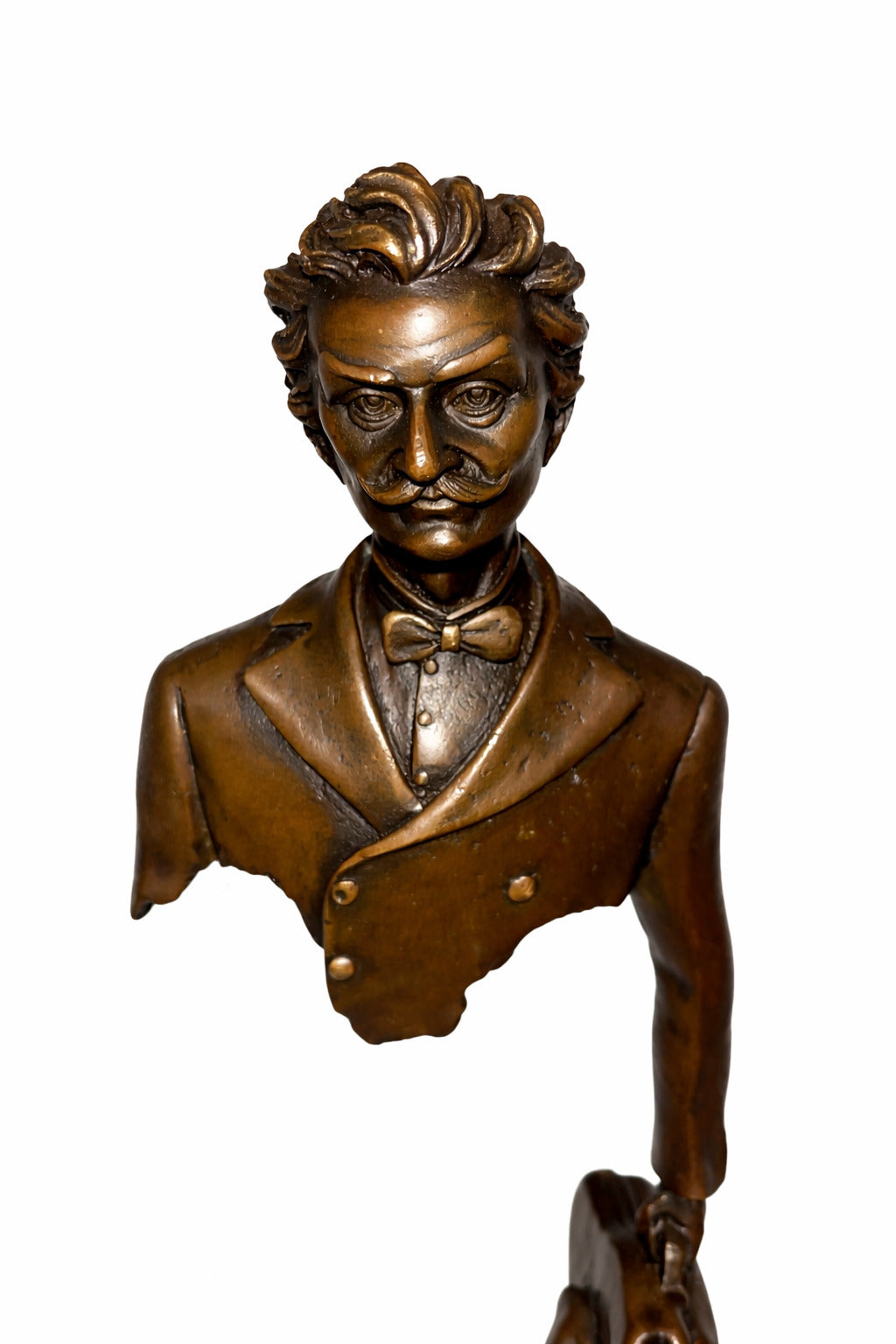 Bronze Skulptur Reisender mit Violine - signierte Musiker Figur auf Marmorsockel