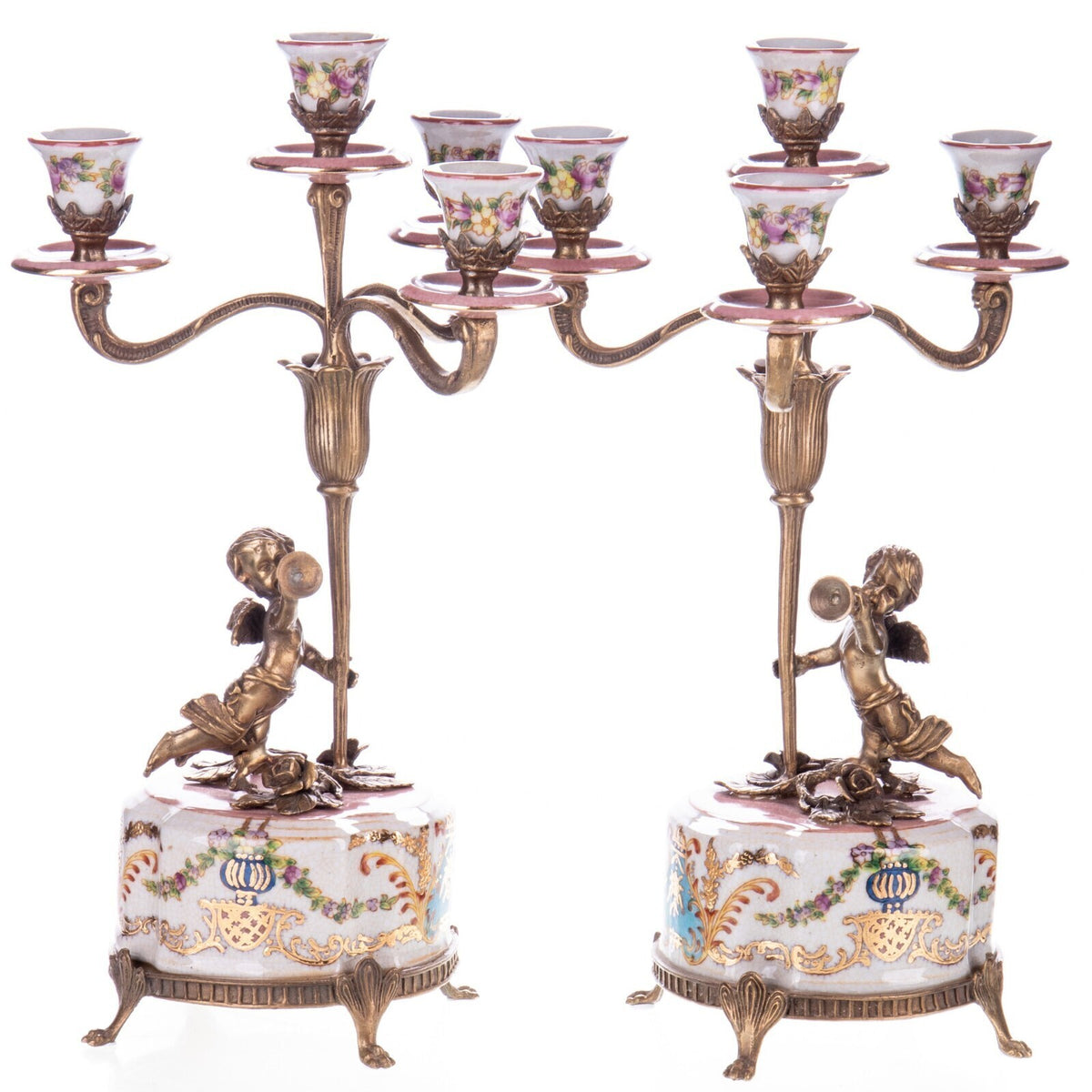 Paar 5-flammige Kerzenleuchter aus Porzellan & Bronze – Putten Figur mit Blumen