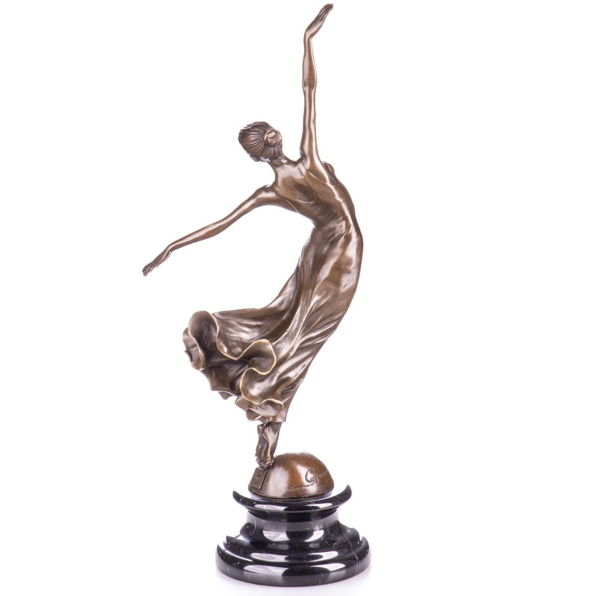 Bronze Skulptur Tänzerin auf Marmorsockel – dynamische Tanzfigur signiert